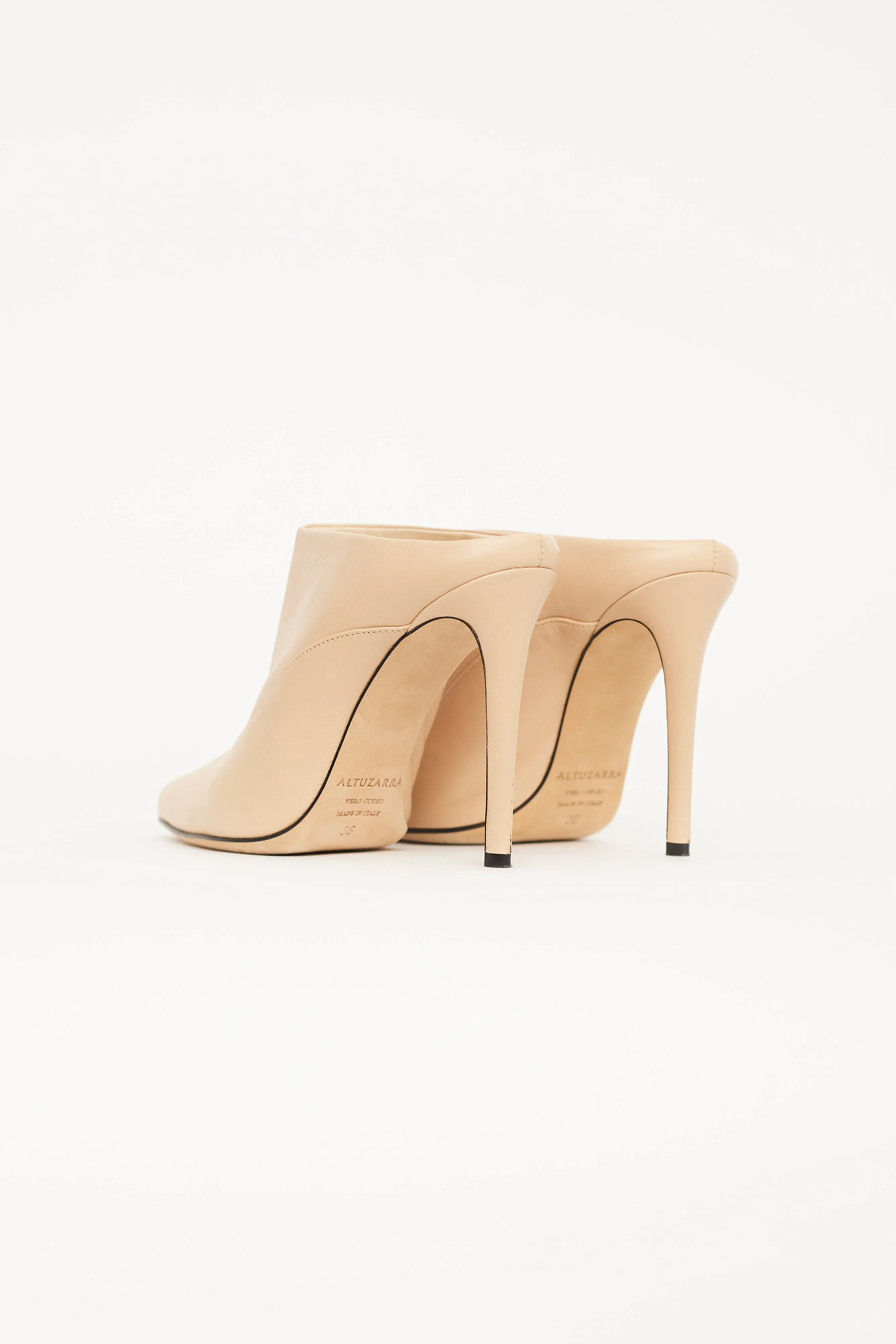 Beige Leather Pointed Toe Mule