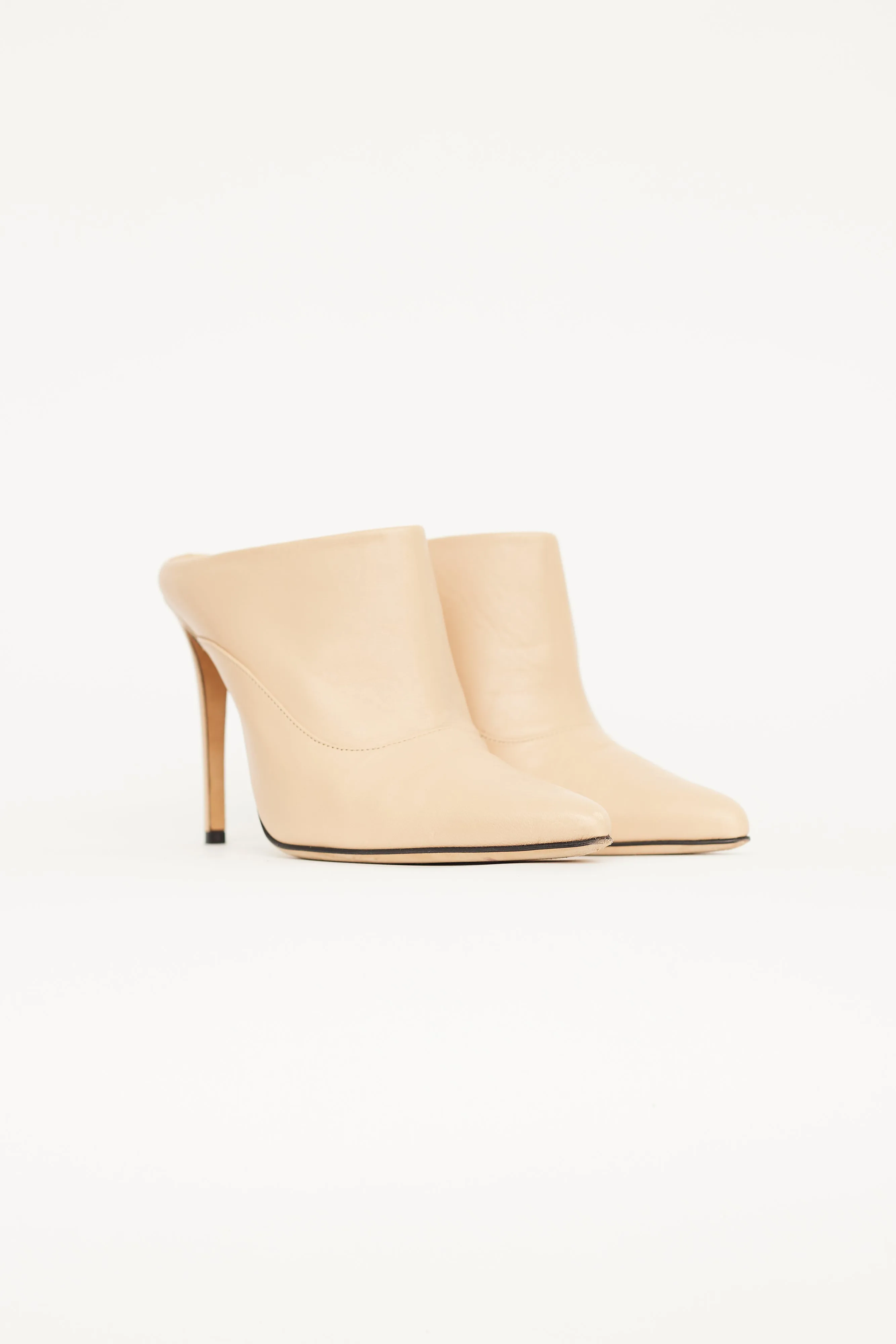 Beige Leather Pointed Toe Mule