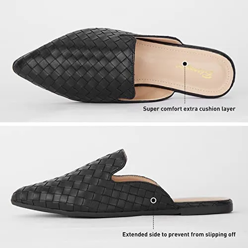 BISON SPIRIT Mules for Women Flats Pointed Toe Slip On Slides Loafer Shoes (Metal Chain-Black PU,8.5)