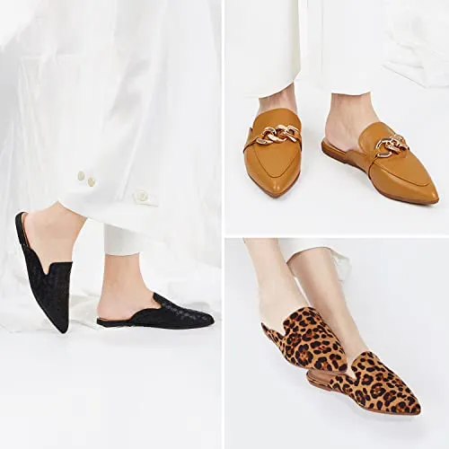 BISON SPIRIT Mules for Women Flats Pointed Toe Slip On Slides Loafer Shoes (Metal Chain-Black PU,8.5)
