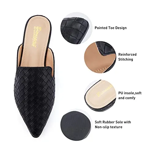 BISON SPIRIT Mules for Women Flats Pointed Toe Slip On Slides Loafer Shoes (Metal Chain-Black PU,8.5)