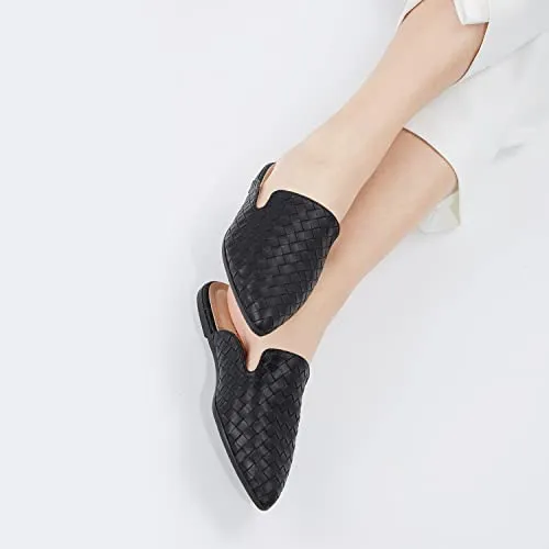 BISON SPIRIT Mules for Women Flats Pointed Toe Slip On Slides Loafer Shoes (Metal Chain-Black PU,8.5)