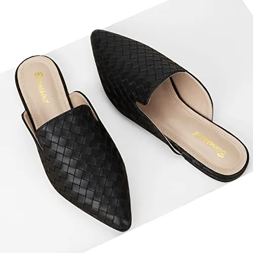 BISON SPIRIT Mules for Women Flats Pointed Toe Slip On Slides Loafer Shoes (Metal Chain-Black PU,8.5)