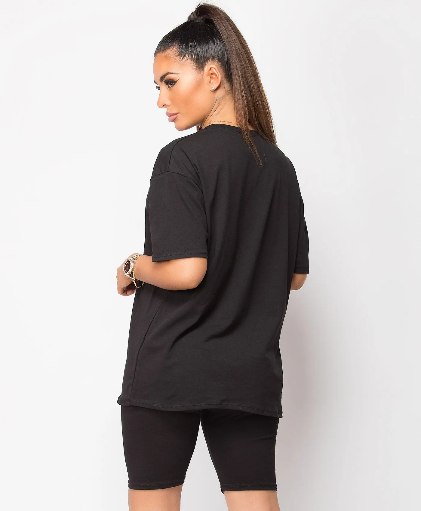 Black Cycling Short & T-Shirt Co Ord Loungewear Set
