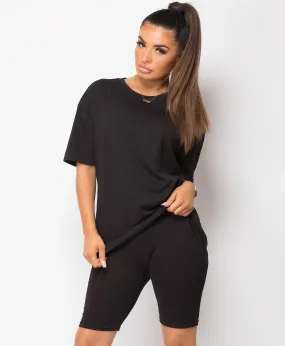 Black Cycling Short & T-Shirt Co Ord Loungewear Set