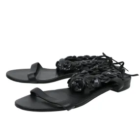 Chanel Black Camellia Ankle Strap Flat Sandals 39