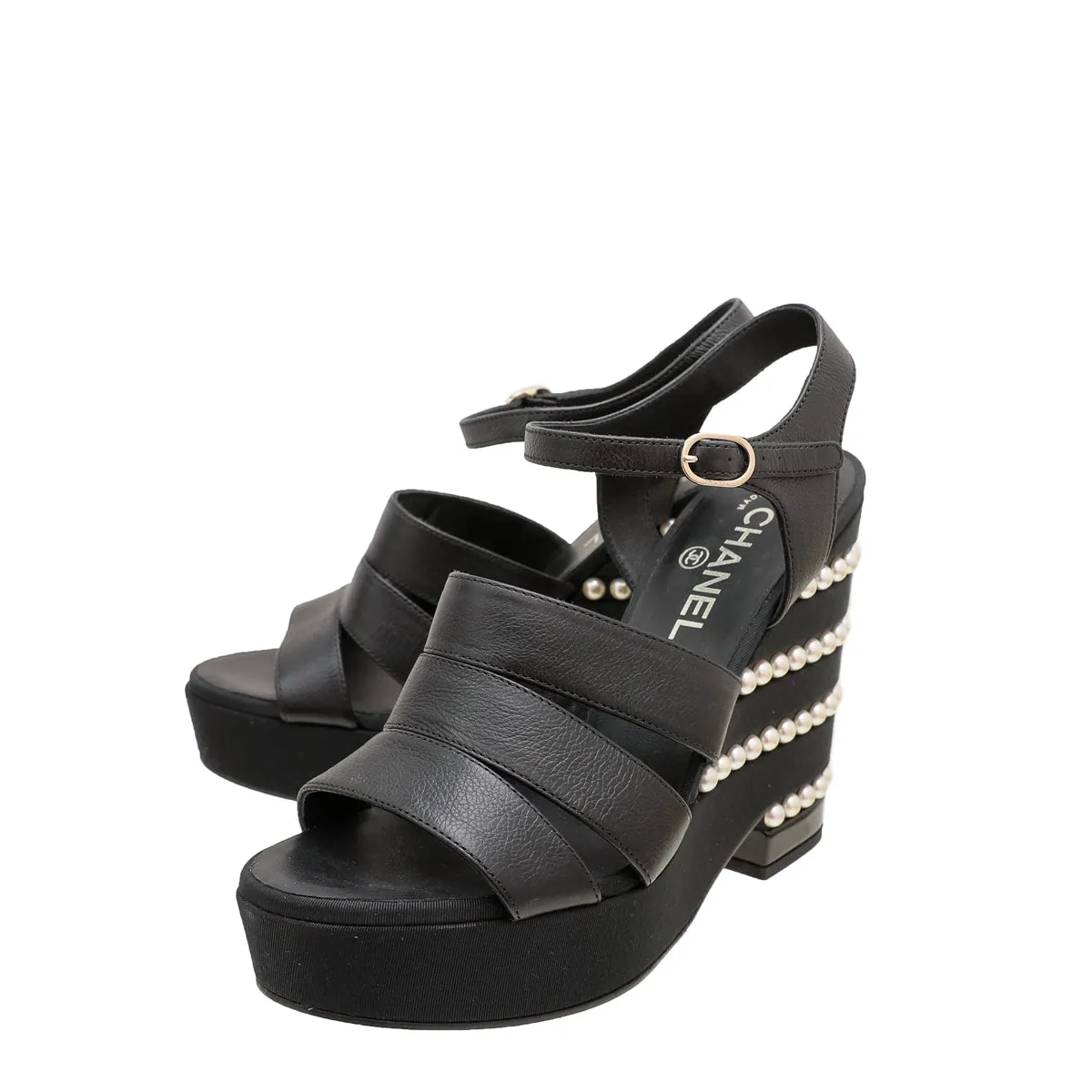 Chanel Black Pearl Wedge Strap Sandals 39