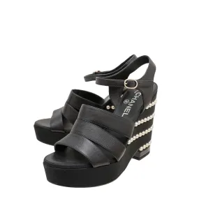 Chanel Black Pearl Wedge Strap Sandals 39