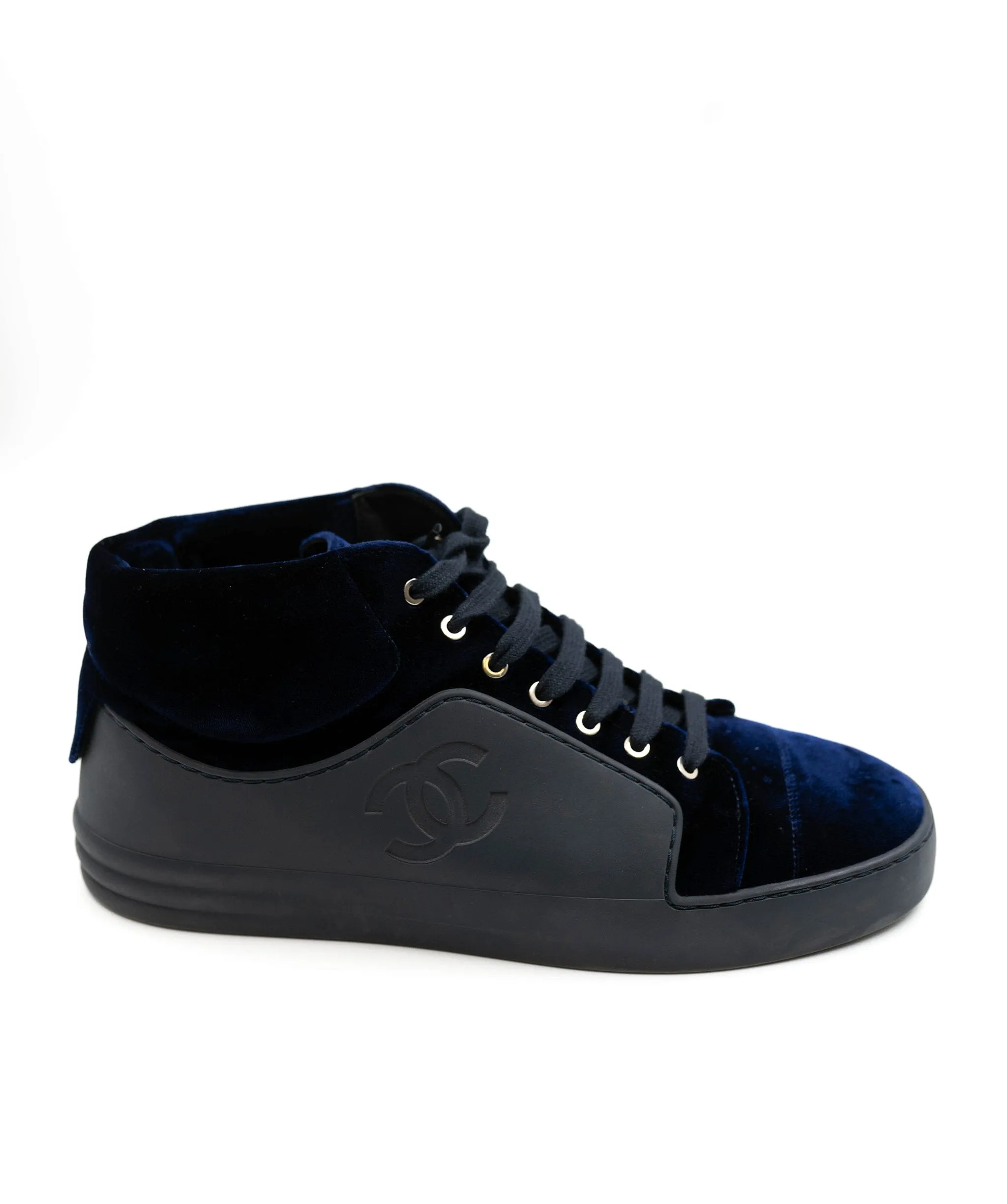 Chanel Navy Velvet/Leather Trainers Size 40.5