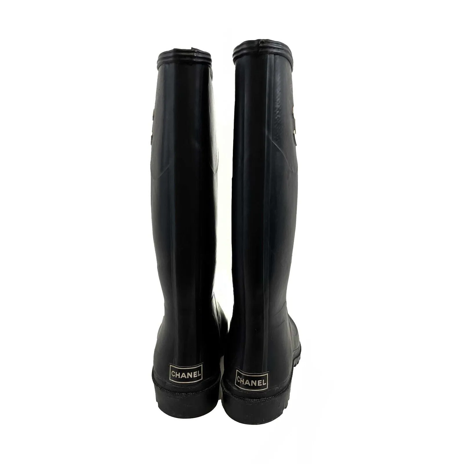 Chanel Very Good Vintage Rare CC Logo Rubber Rain Boots 90s Black 37 US 7 Shoes