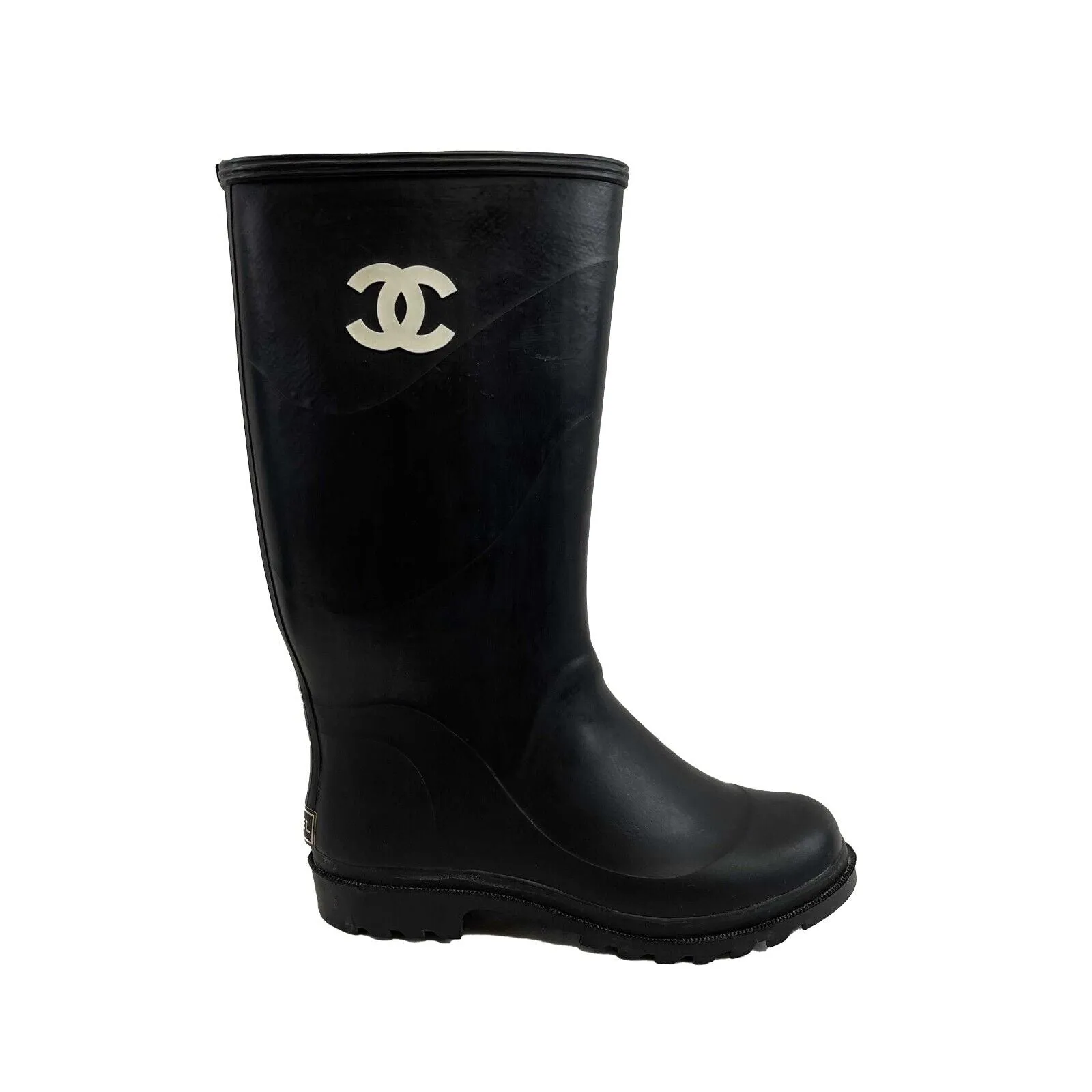 Chanel Very Good Vintage Rare CC Logo Rubber Rain Boots 90s Black 37 US 7 Shoes