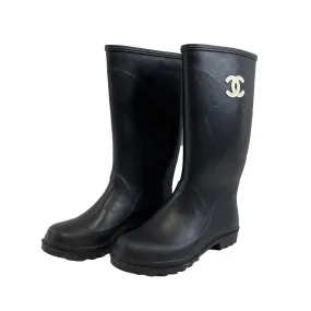 Chanel Very Good Vintage Rare CC Logo Rubber Rain Boots 90s Black 37 US 7 Shoes