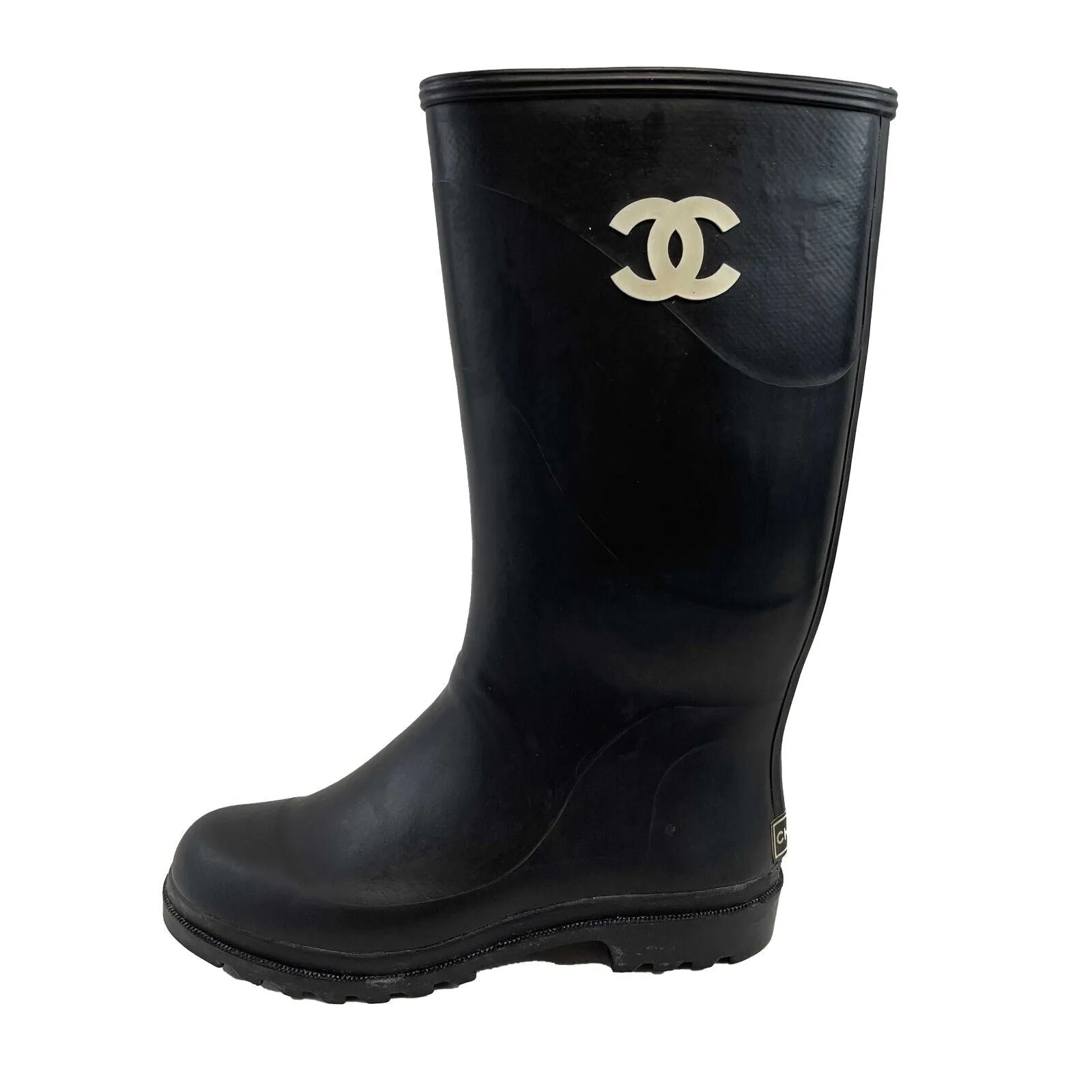 Chanel Very Good Vintage Rare CC Logo Rubber Rain Boots 90s Black 37 US 7 Shoes