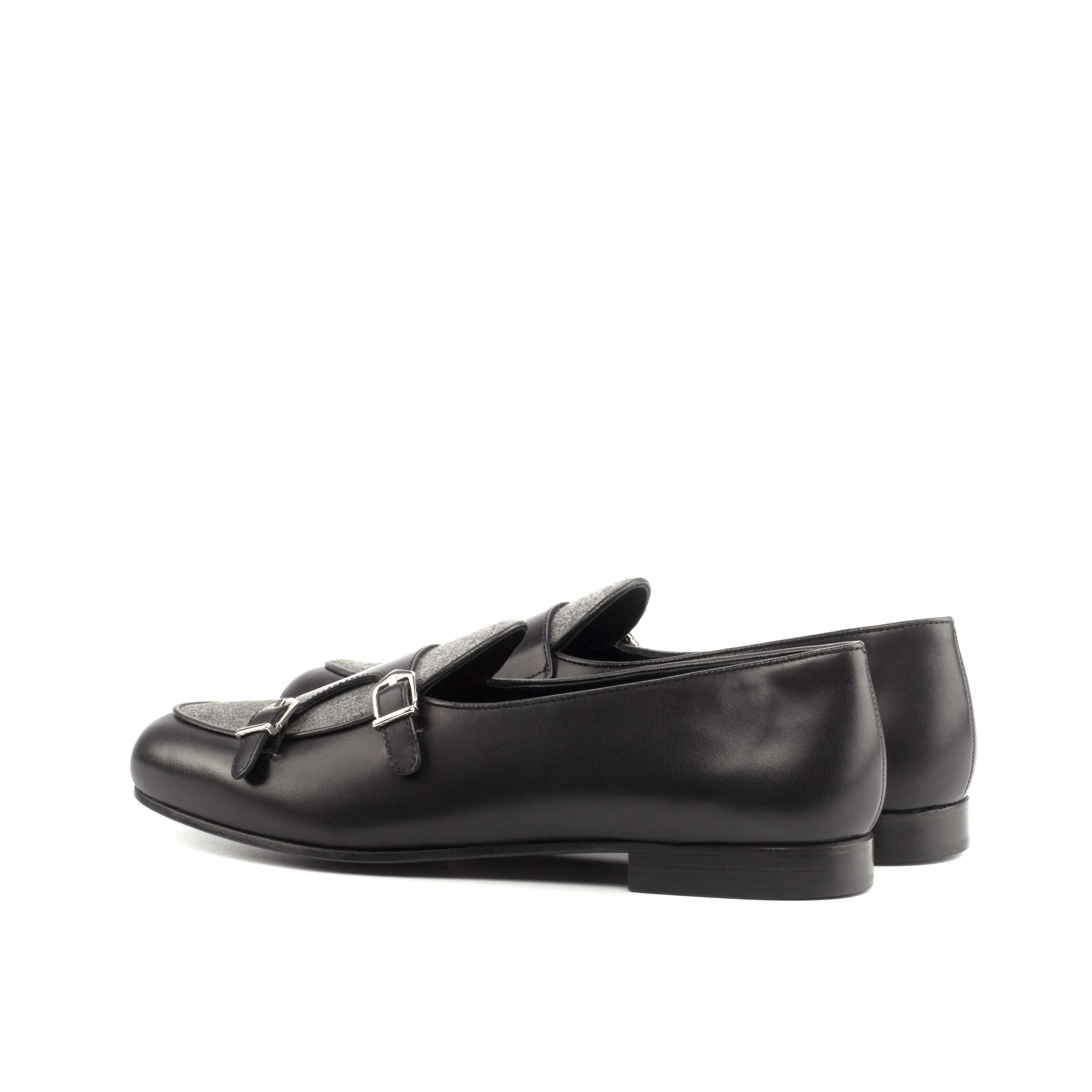DapperFam Rialto in Light Grey / Black Men's Flannel & Italian Leather Monk Slipper