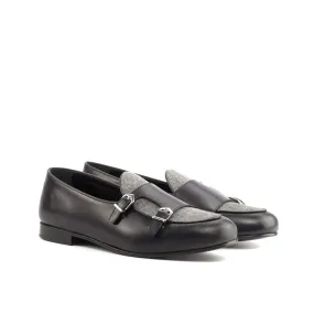 DapperFam Rialto in Light Grey / Black Men's Flannel & Italian Leather Monk Slipper