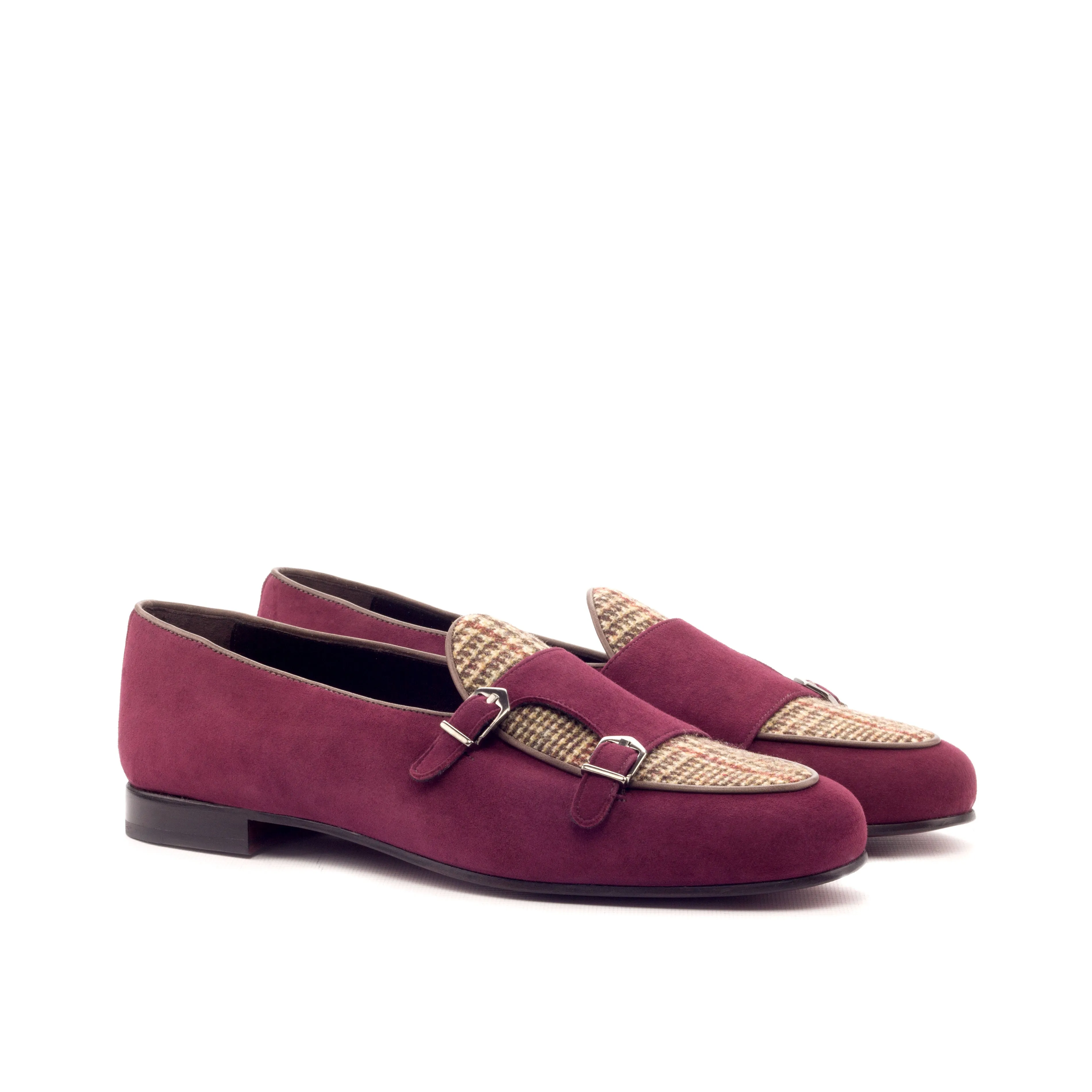 DapperFam Rialto in Wine / Tweed / Dark Brown Men's Suede & Sartorial & Italian Leather Monk Slipper