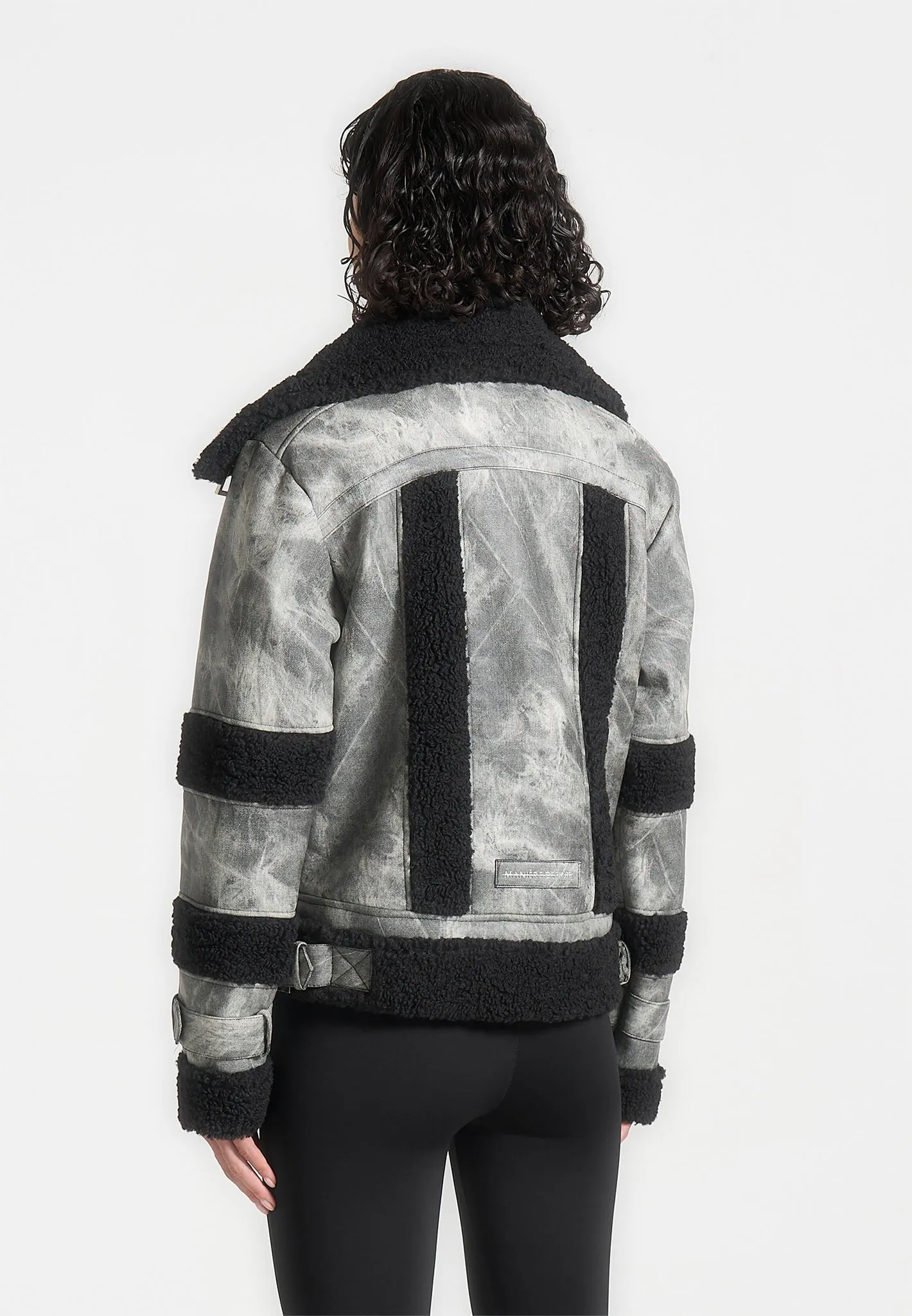 Marbled Leather Borg Biker Jacket - Black