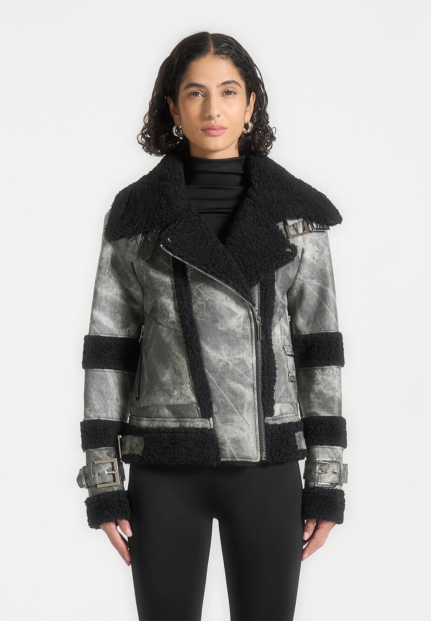 Marbled Leather Borg Biker Jacket - Black