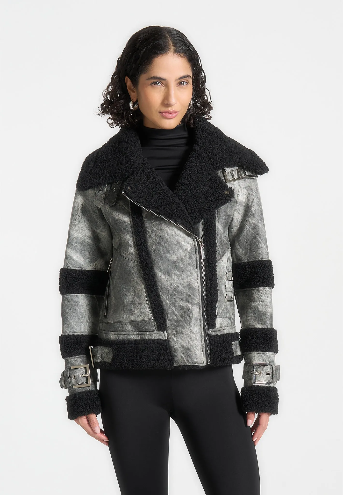 Marbled Leather Borg Biker Jacket - Black