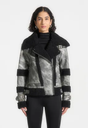 Marbled Leather Borg Biker Jacket - Black