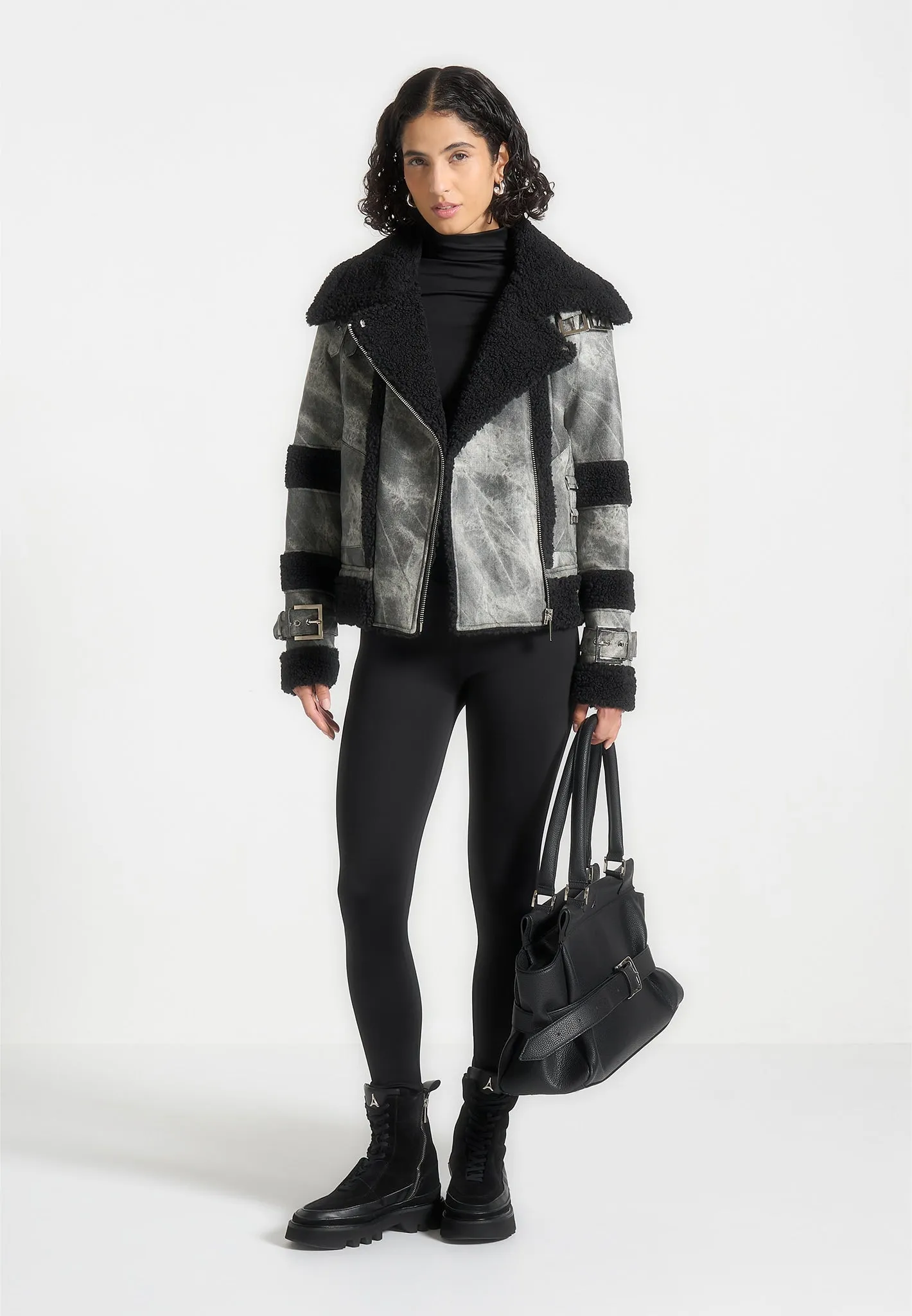 Marbled Leather Borg Biker Jacket - Black