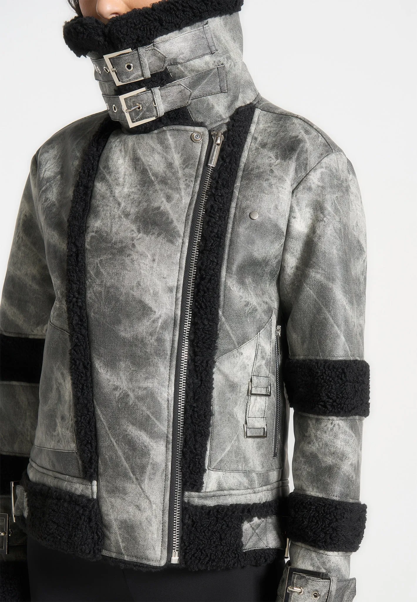 Marbled Leather Borg Biker Jacket - Black