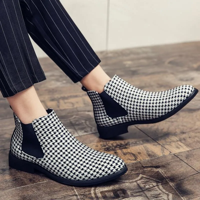 Men's Plaid Faux Leather Chelsea Boots