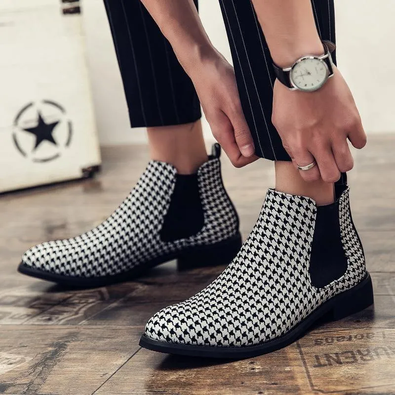 Men's Plaid Faux Leather Chelsea Boots