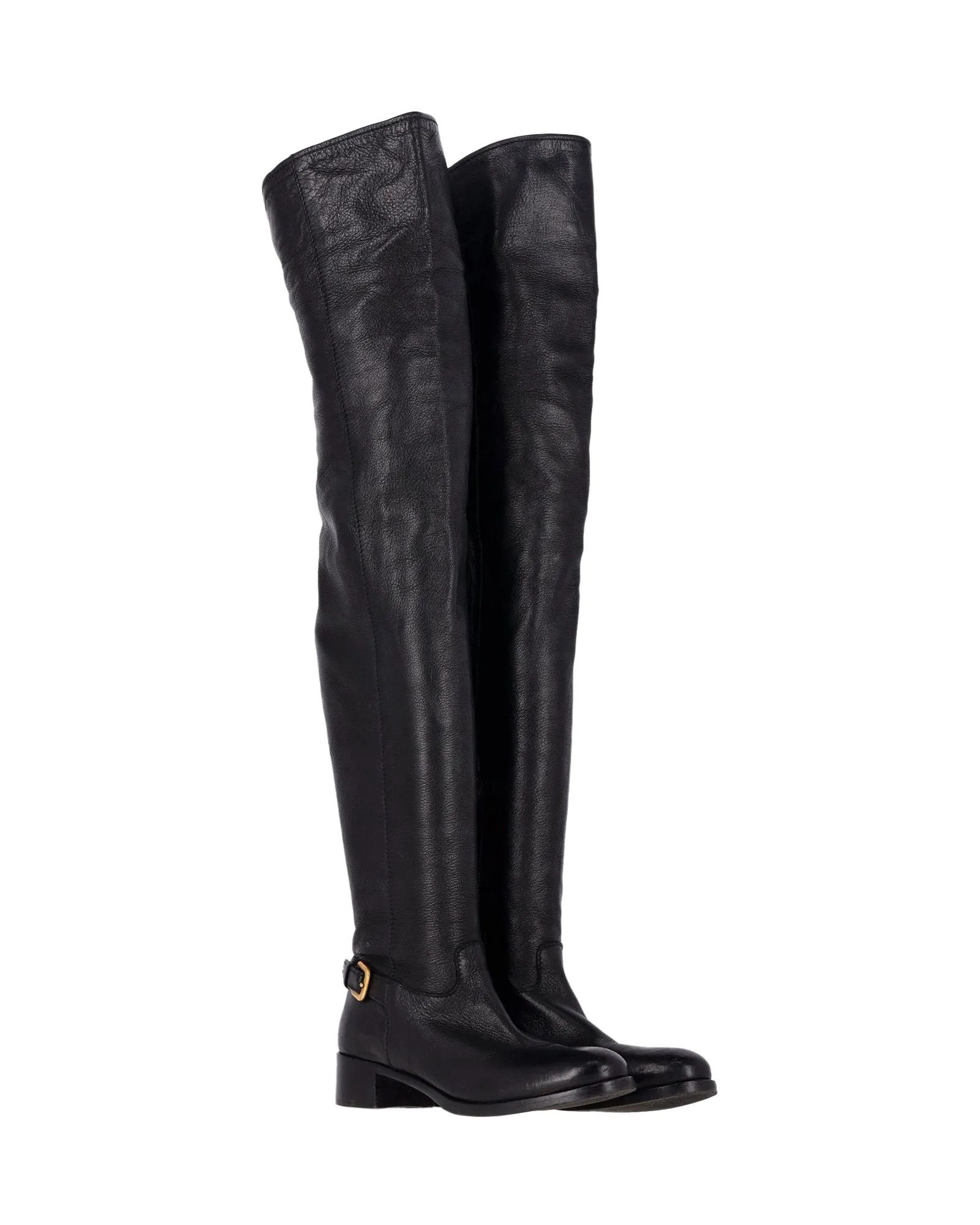 Prada Over-The-Knee Buckled Boots in Black Leather