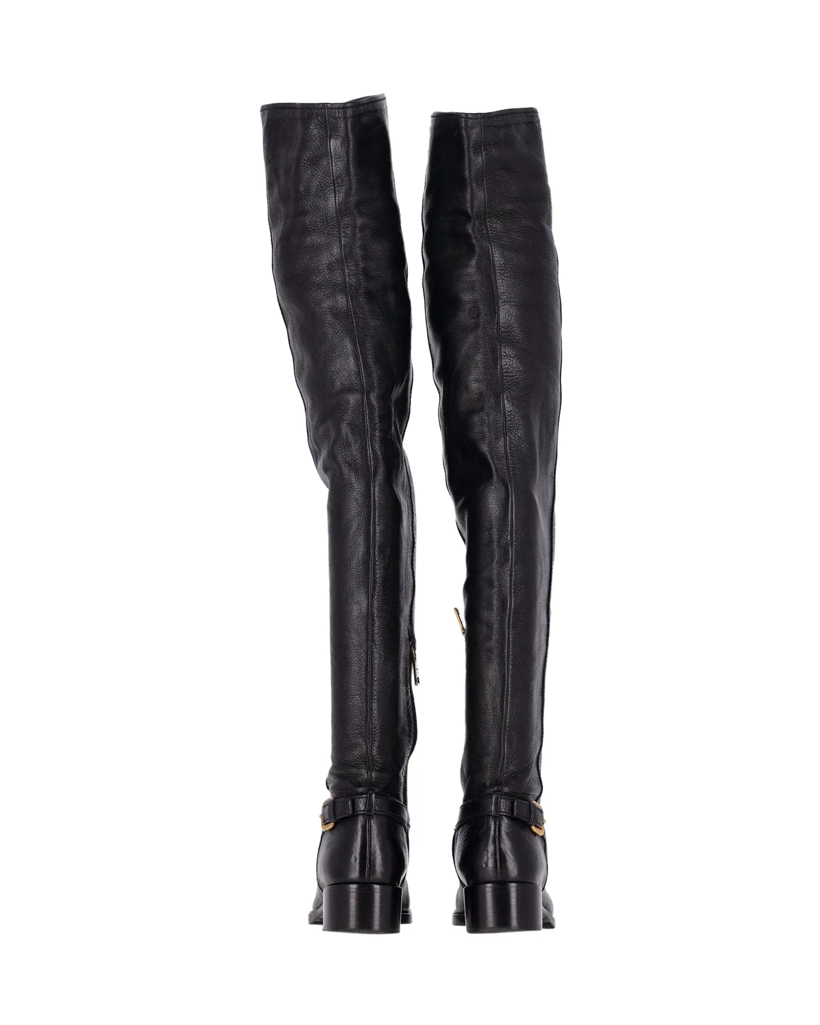 Prada Over-The-Knee Buckled Boots in Black Leather