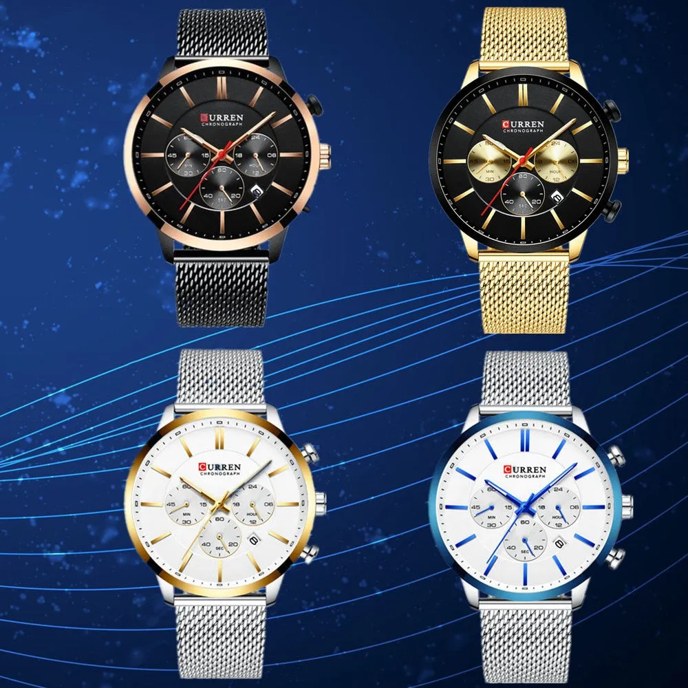 Quartz Business Stainless Steel Watch Men Mesh Band Fashion  Clock Waterproof Sport Watches for Men Casual  CURREN Wristwatch