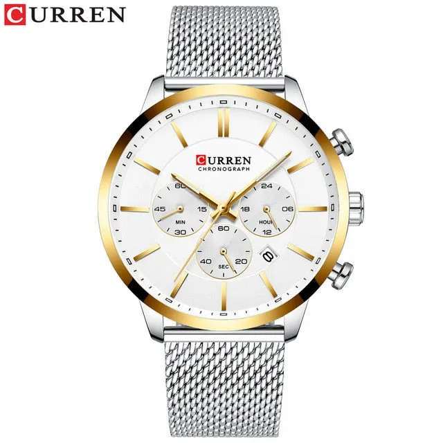 Quartz Business Stainless Steel Watch Men Mesh Band Fashion  Clock Waterproof Sport Watches for Men Casual  CURREN Wristwatch