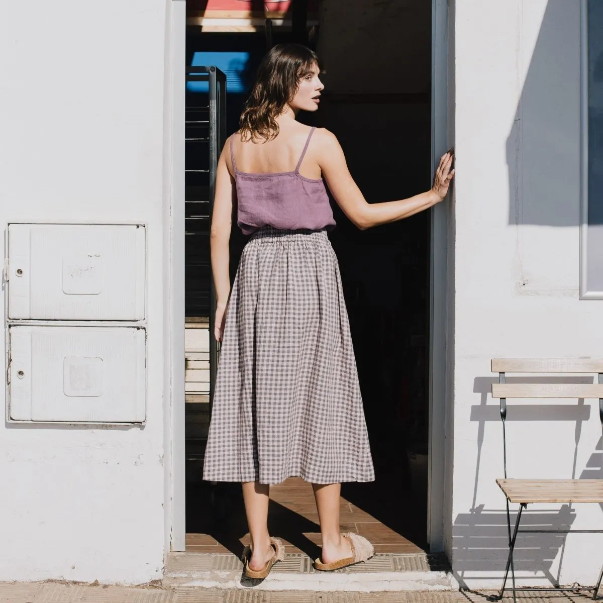 R: SION gathered linen skirt (Size: XL; Color: Light Blue Stripes)