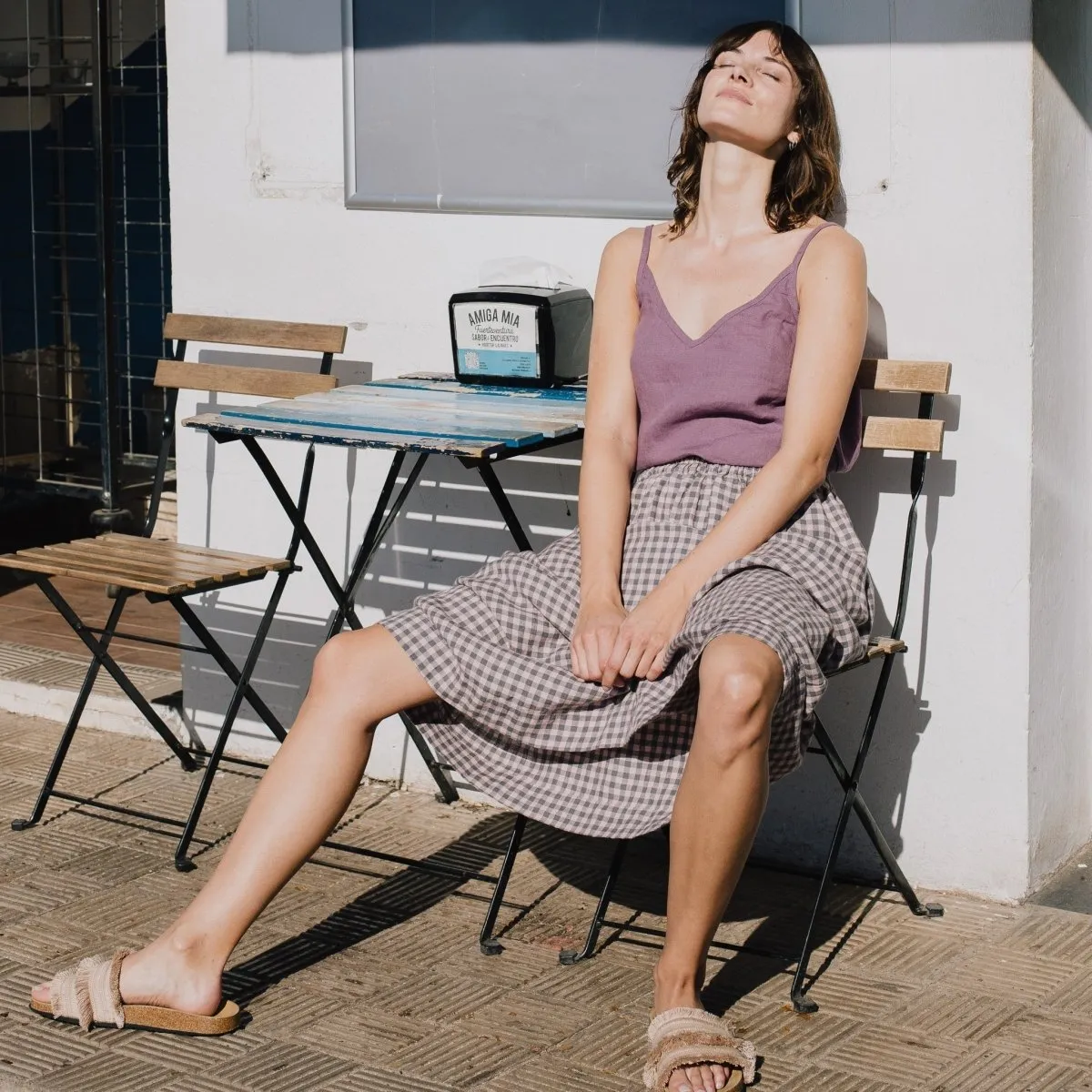 R: SION gathered linen skirt (Size: XL; Color: Light Blue Stripes)