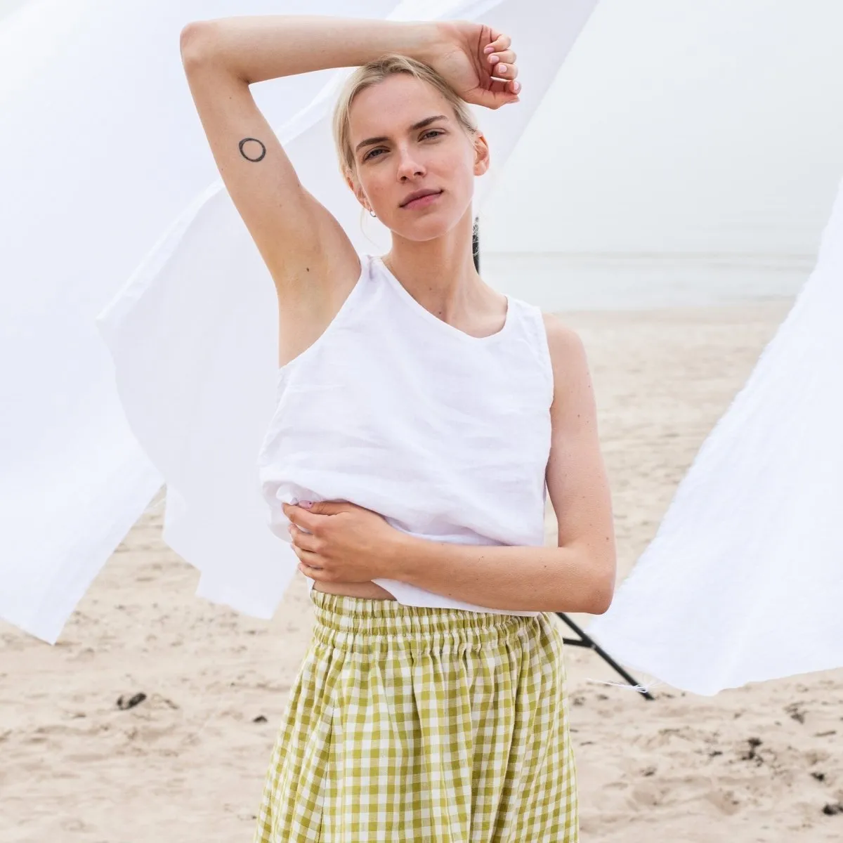 R: SION gathered linen skirt (Size: XL; Color: Light Blue Stripes)