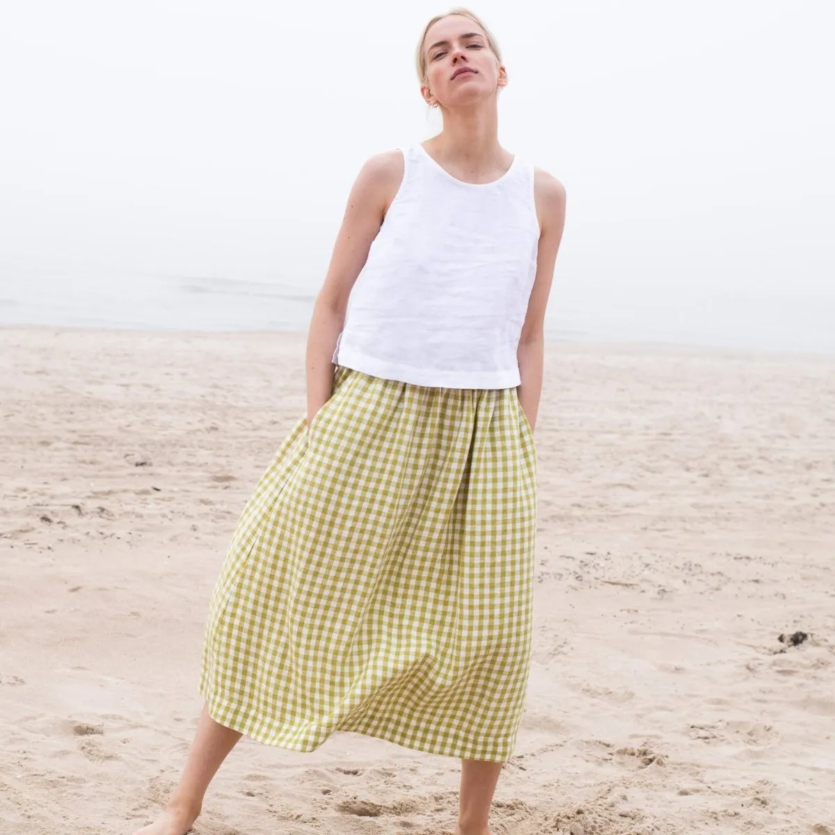 R: SION gathered linen skirt (Size: XL; Color: Light Blue Stripes)