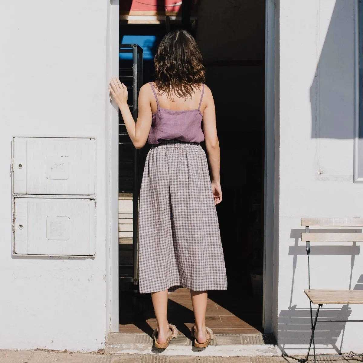 R: SION gathered linen skirt (Size: XL; Color: Light Blue Stripes)