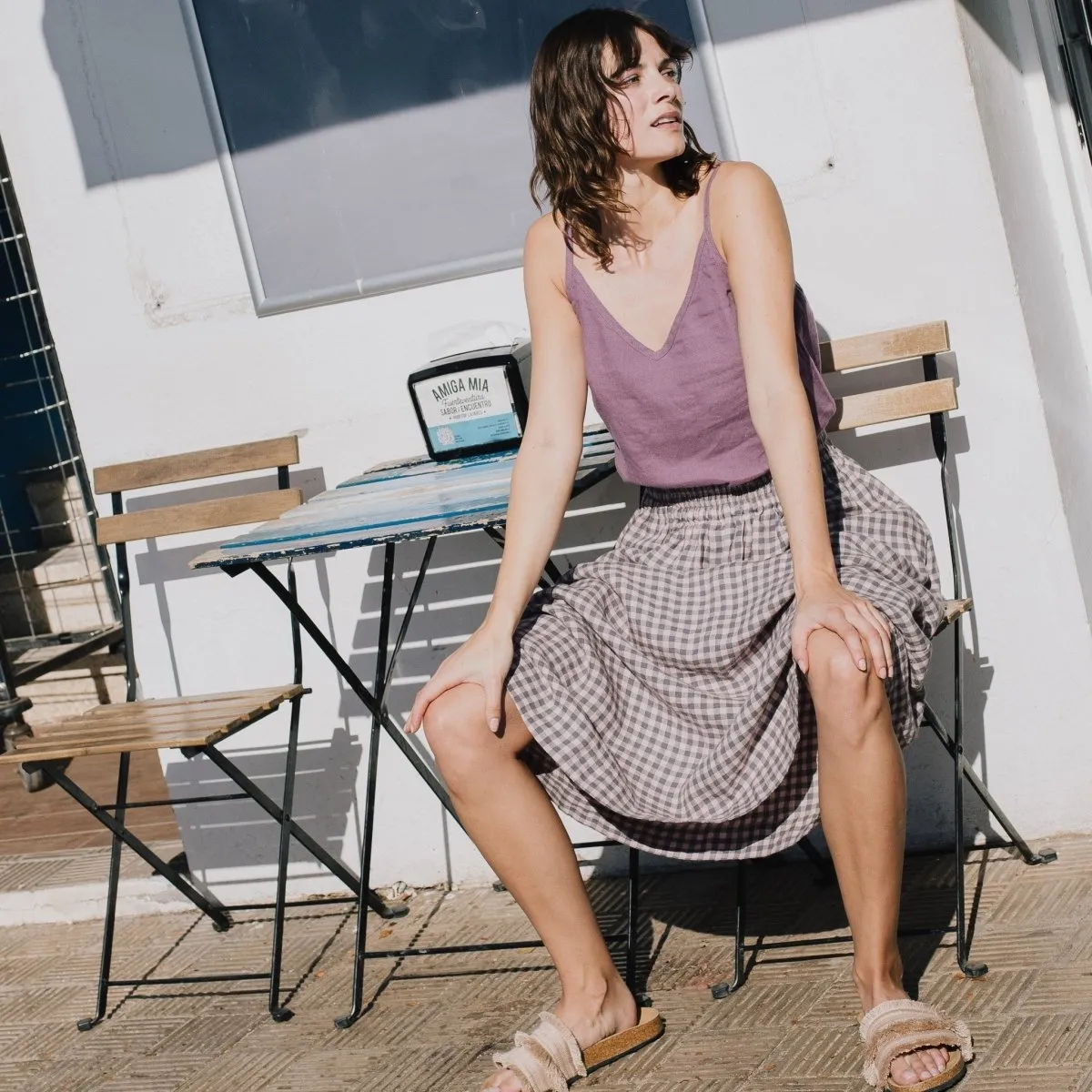 R: SION gathered linen skirt (Size: XL; Color: Light Blue Stripes)