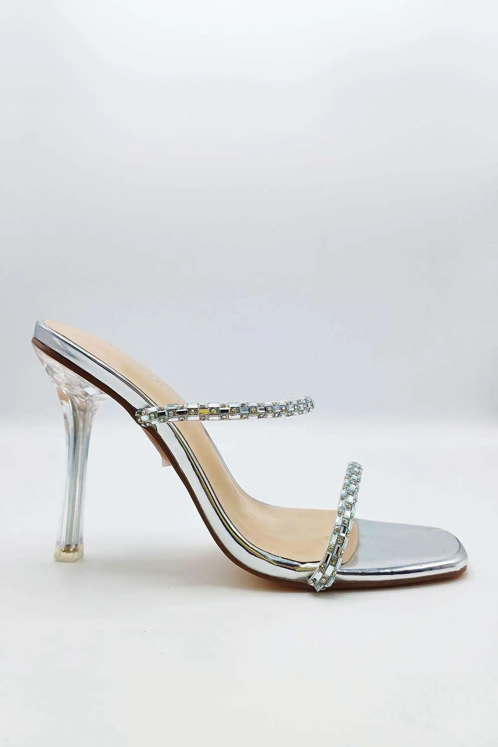 Seraphina Crystal Strap Perspex Heel Mules in Silver