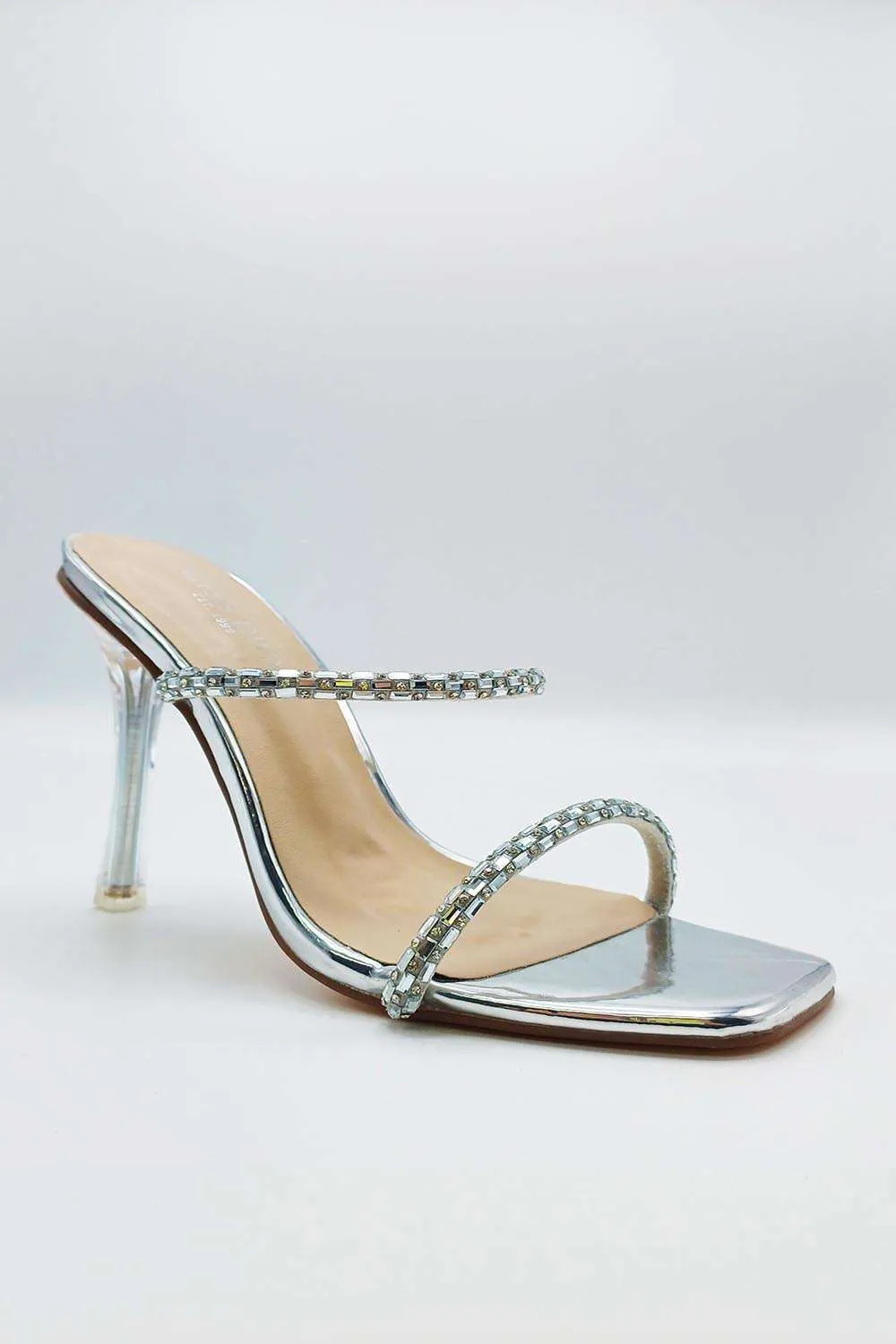 Seraphina Crystal Strap Perspex Heel Mules in Silver