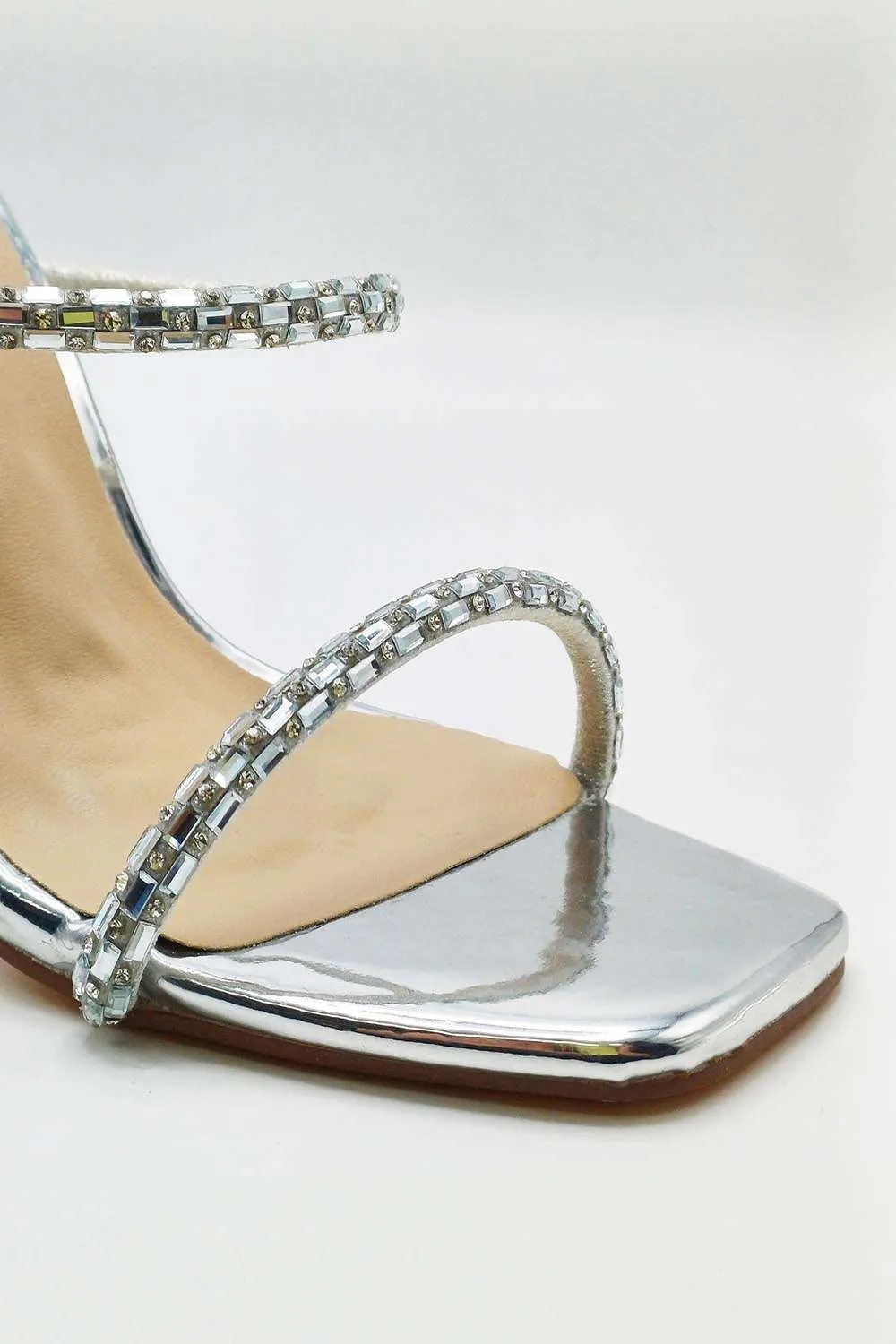 Seraphina Crystal Strap Perspex Heel Mules in Silver