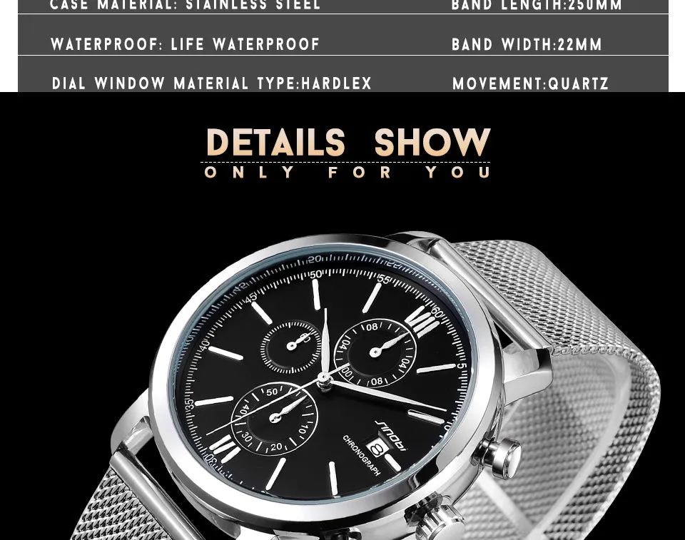 SINOBI Men's Watch Waterproof Sport Watch Men Watch Stainless Steel Wrist watches Clock saat relogio masculino erkek kol saati