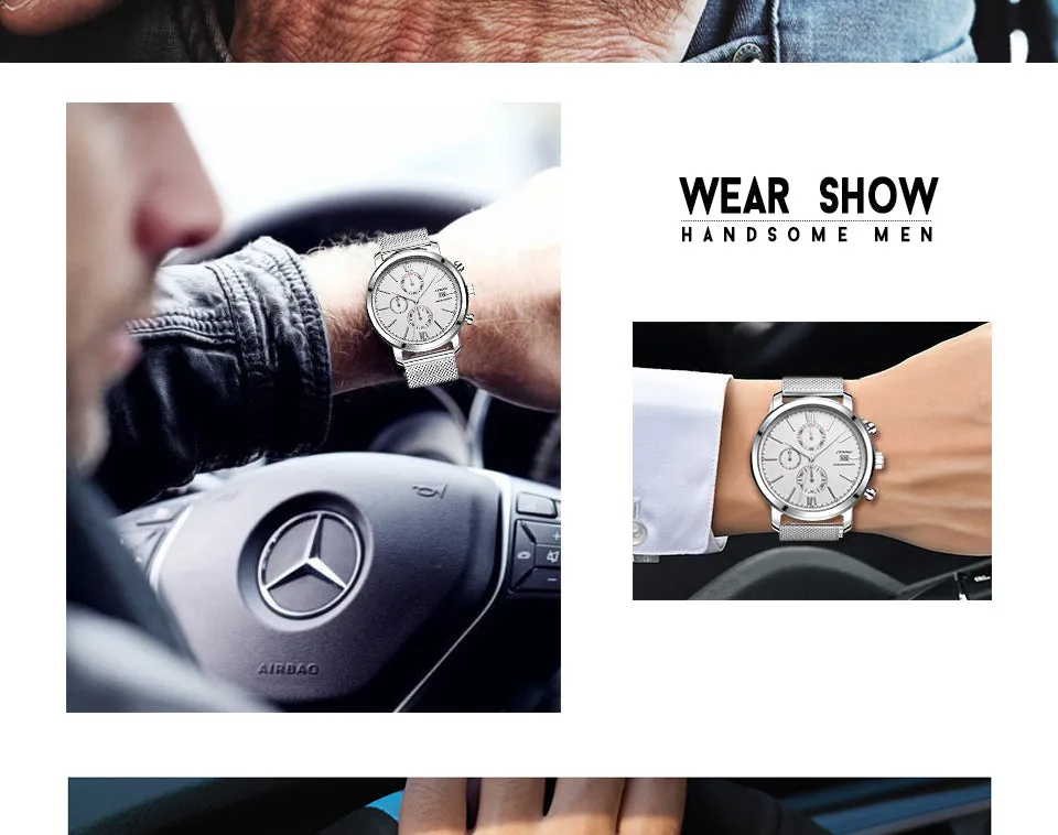 SINOBI Men's Watch Waterproof Sport Watch Men Watch Stainless Steel Wrist watches Clock saat relogio masculino erkek kol saati
