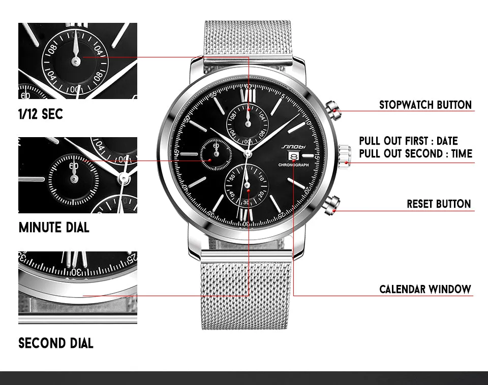 SINOBI Men's Watch Waterproof Sport Watch Men Watch Stainless Steel Wrist watches Clock saat relogio masculino erkek kol saati