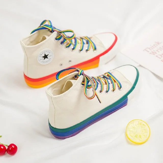 Woman's High Top Sneakers, Rainbow Bottom, Canvas Upper, SWYIVY, Blk, Wht, Yel, and Blk Fur