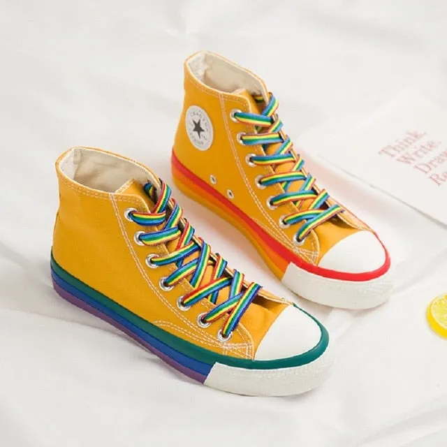 Woman's High Top Sneakers, Rainbow Bottom, Canvas Upper, SWYIVY, Blk, Wht, Yel, and Blk Fur