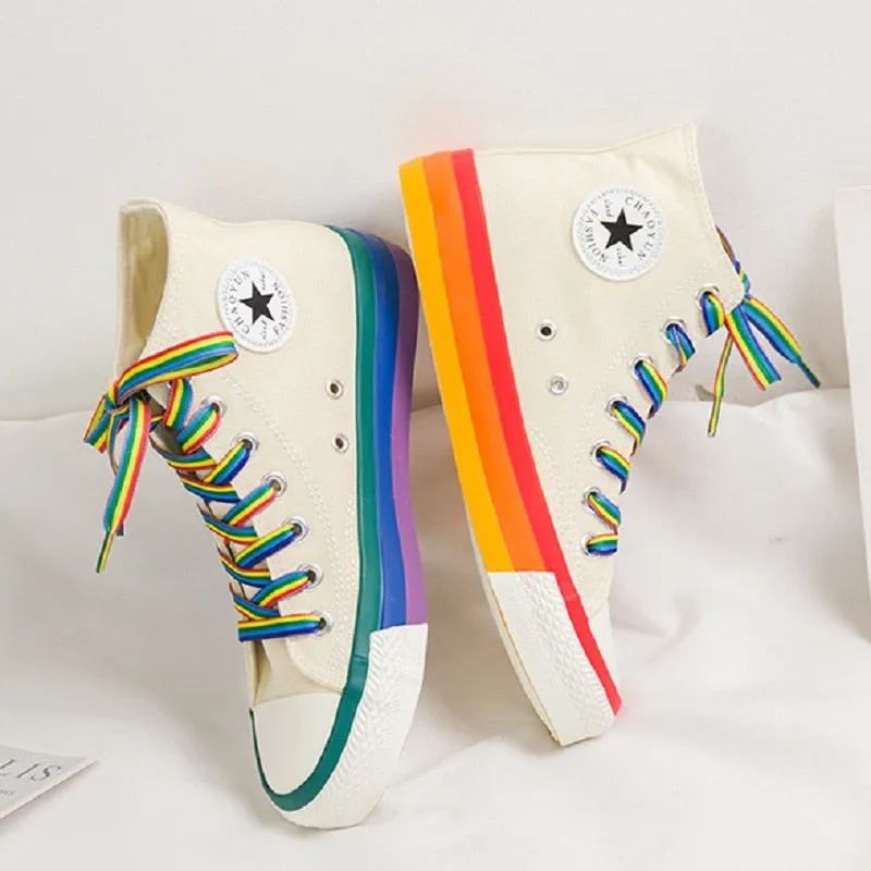 Woman's High Top Sneakers, Rainbow Bottom, Canvas Upper, SWYIVY, Blk, Wht, Yel, and Blk Fur